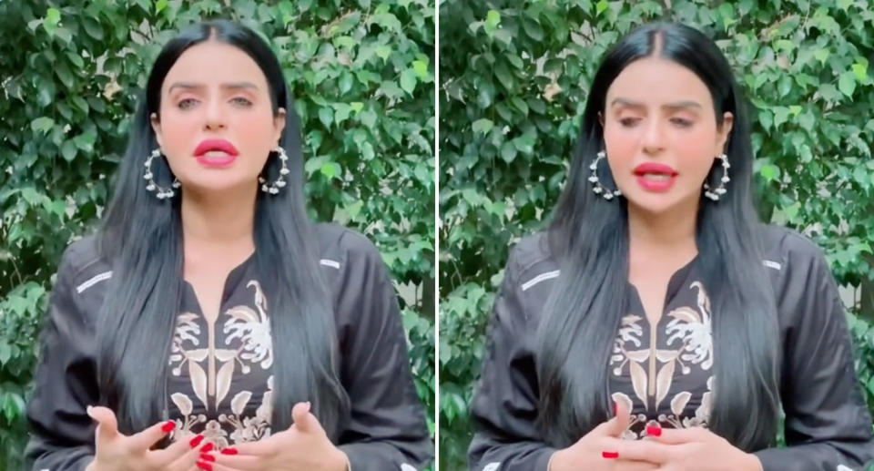 Pictured is influencer Humaira Asghar, the woman who shared the controversial video of her walking in front of a wildfire to TikTok