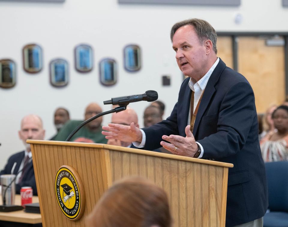 Keith Leonard speaks during an Escambia County School Board special meeting to appoint an interim superintendent at the J.E. Hall Center in Pensacola on Tuesday, May 30, 2023.