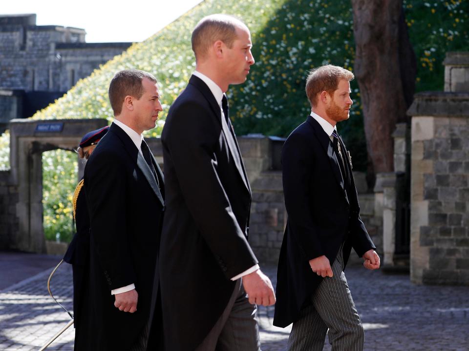 Peter Phillips, Prince William, and Prince Harry during the funeral of Prince Philip in April 2021.