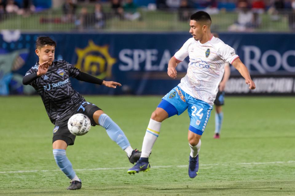 El Paso Locomotive Diego Abarca, a 16-year-old student at Canutillo High, makes a touch during his El Paso debut Tuesday night against the Las Vegas Lights at Southwest University Park. Abarca is a member of the El Paso Locomotive Academy