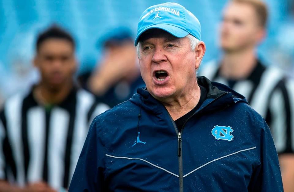 North Carolina coach Mack Brown directs his team during their open practice on Saturday, March 25, 2023 at Kenan Stadium in Chapel Hill. N.C.