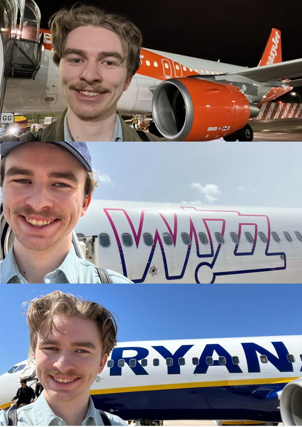 A collage of Business Insider's Pete Syme taking selfies in front of an EasyJet Airbus A319, a Wizz Air A321neo, and a Ryanair Boeing 737-800.