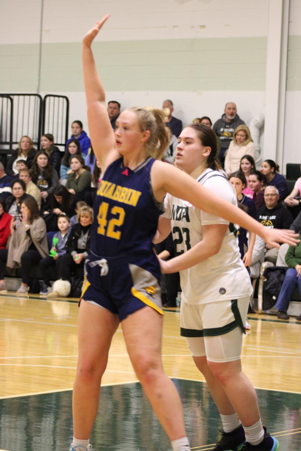 Hannah Baxter looks to get a pass from a teammate in Quabbin's game against Notre Dame Academy on Feb. 6, 2024.