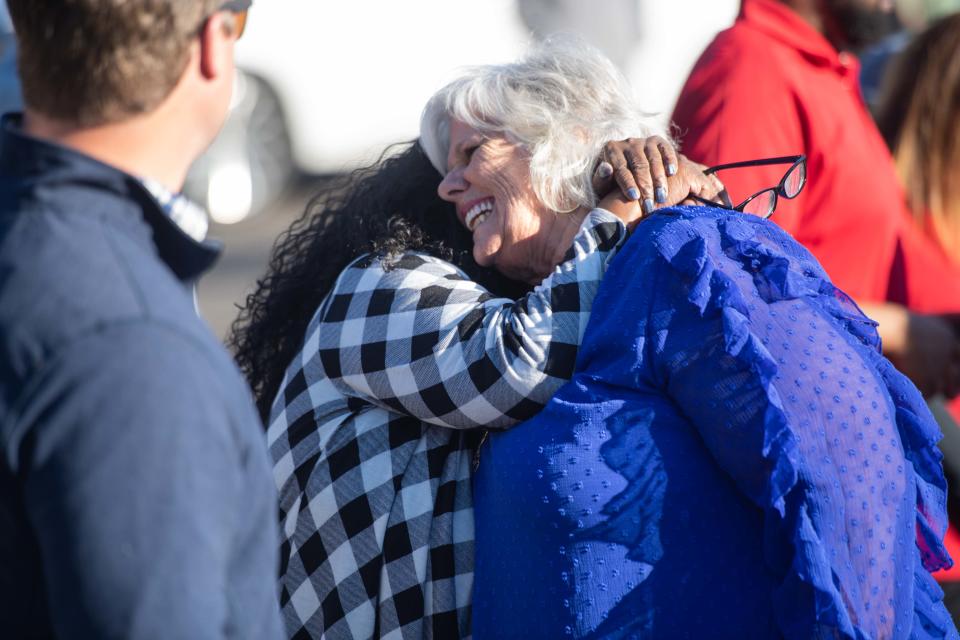Dream Center Executive Director Gail Gustafson hugs a former Dream Center patiant at the unveiling of the new 59 Oil Well Rd. building during the Dream Center Ribbon Cutting in Jackson, Tenn., on Thursday, Nov. 2, 2023.