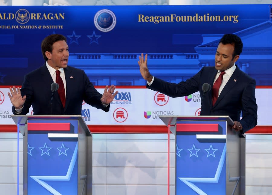 Republican presidential candidates (L-R), Florida Gov. Ron DeSantis and Vivek Ramaswamy are seen Sept. 27 at the second GOP presidential debate in Simi Valley, California. A third debate was held Wednesday night in Miami. (Photo by Justin Sullivan/Getty Images)