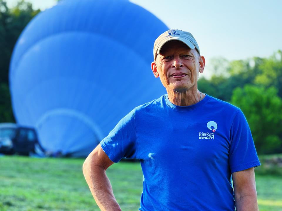 Bert Padelt, a balloon maker from Bally, Pennsylvania, is pictured with the balloon he and his company made for a cross-Atlantic journey launching from Presque Isle, Maine sometime in September.