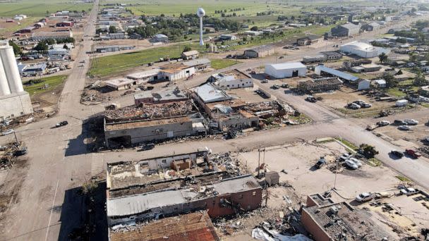 PHOTO: A view of the downtown area shows damage, June 16, 2023, in Perryton, Texas, from a tornado that swept through the region the night before. (David Erickson/AP)