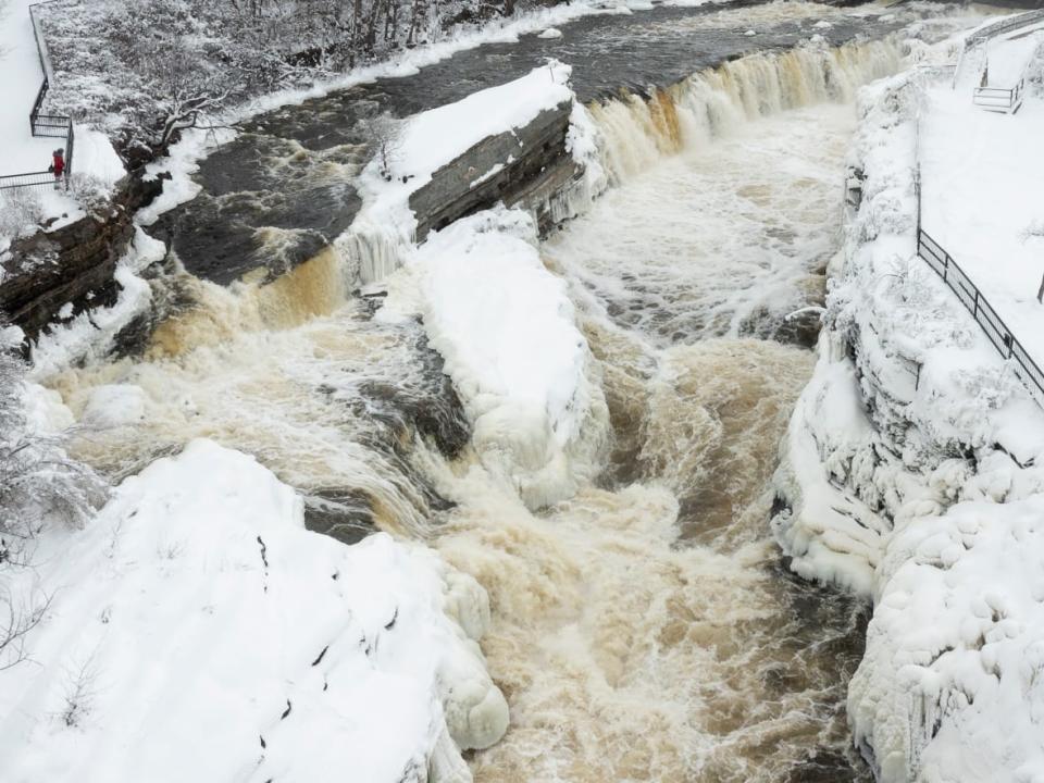 Ottawa's Hog's Back Falls, officially known as Prince of Wales Falls, are seen in this drone image taken on Jan. 17, 2023. (Adrian Wyld/The Canadian Press - image credit)