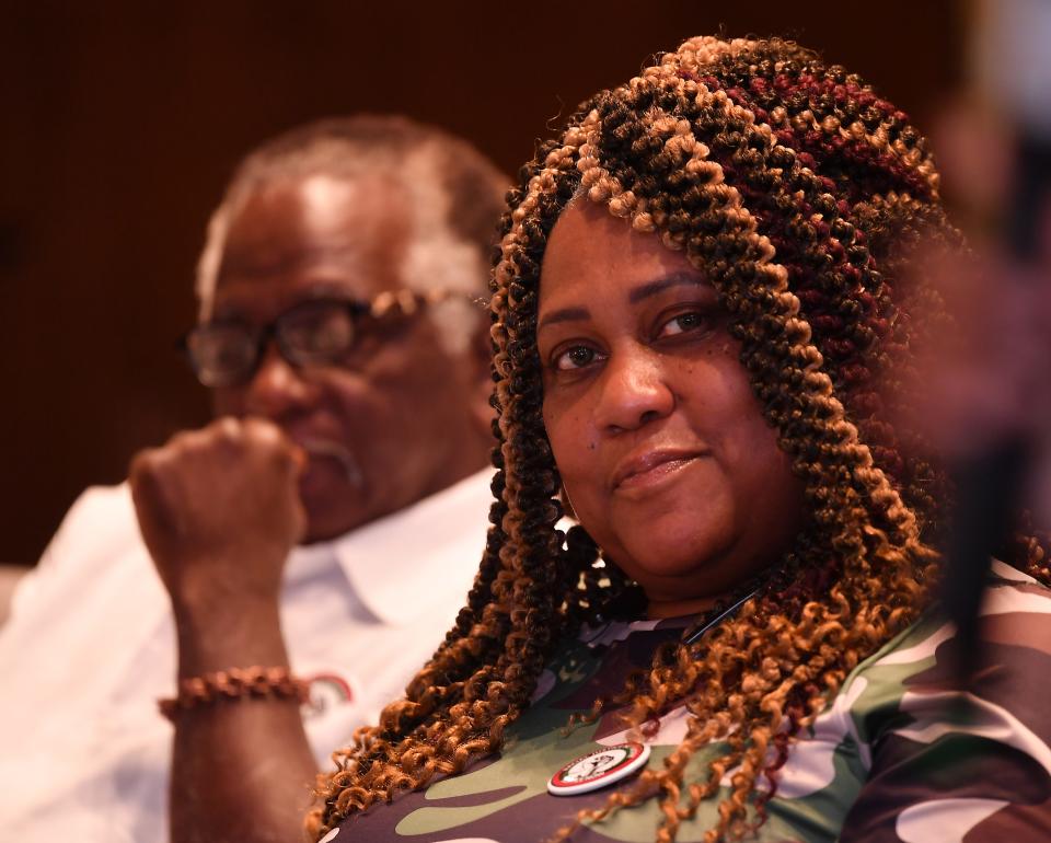 The Racial Justice Network held a Town Hall meeting at the Kingdom New Life Deliverance Church in Spartanburg on April 1, 2023.  During the meeting, members of the public talked about the fight for social justice in America. Elder James Johnson, left, and Dr, Candace Brewer, National President of the Racial Justice Network listen to public. 