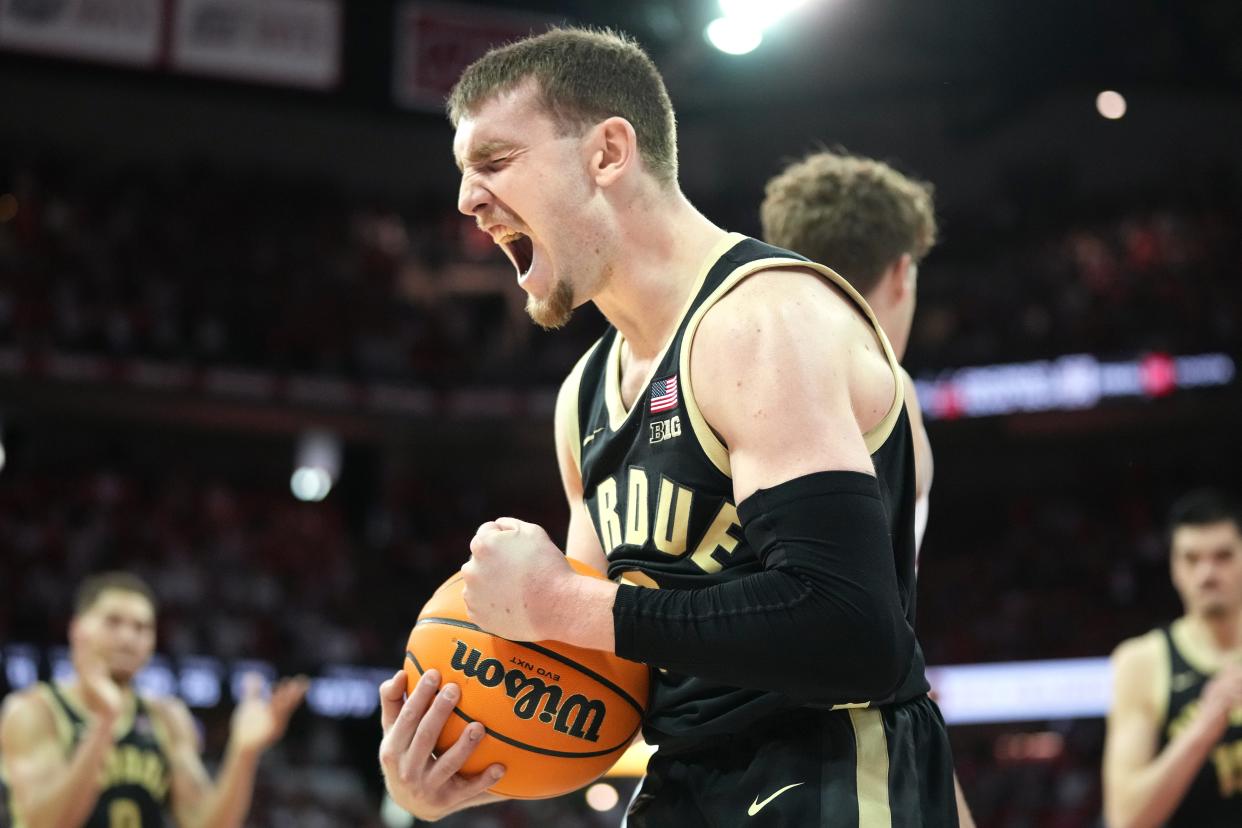 Feb 4, 2024; Madison, Wisconsin, USA; Purdue Boilermakers guard Braden Smith (3) reacts to Purdue Boilermakers causing a turnover against Wisconsin Badgers during the second half at the Kohl Center. Mandatory Credit: Kayla Wolf-USA TODAY Sports