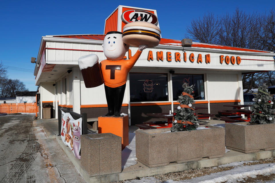 The exterior of an A&W root beer restaurant is seen in Emmetsburg, Iowa, U.S.