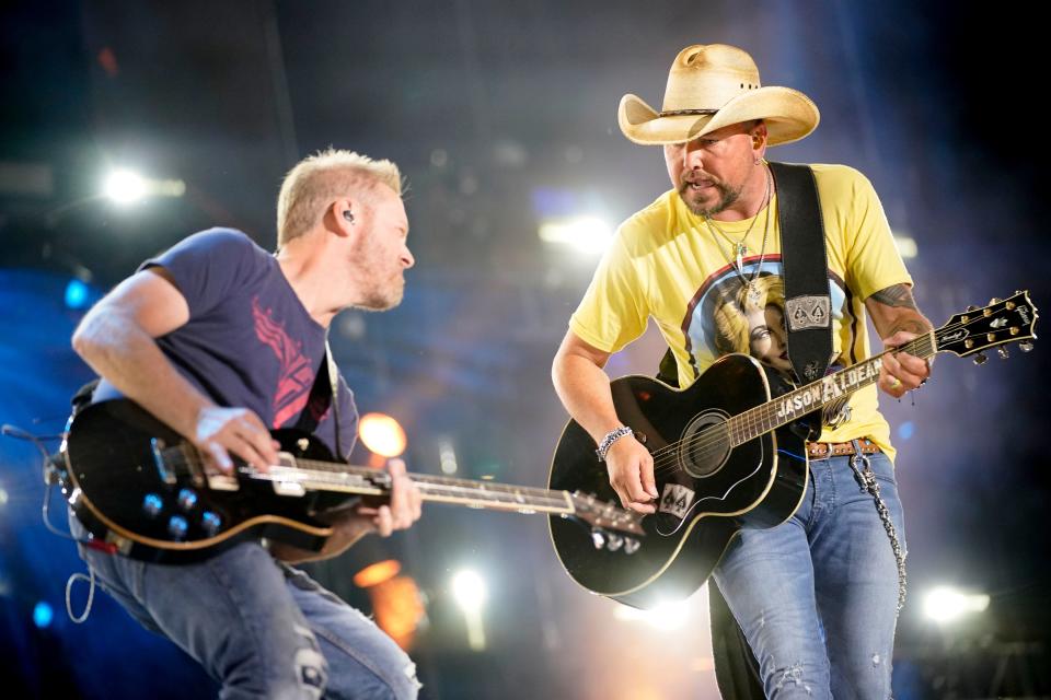 Jason Aldean and Kurt Allison perform during CMA Fest at Nissan Stadium Thursday, June 9, 2022 in Nashville, Tennessee.