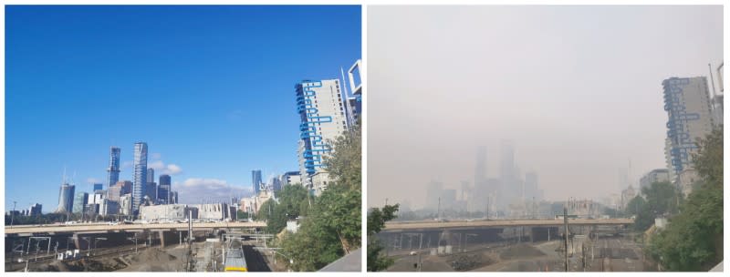 Social media combination of two pictures show clear skies in Melbourne city on January 9 and smoky skies on January 14