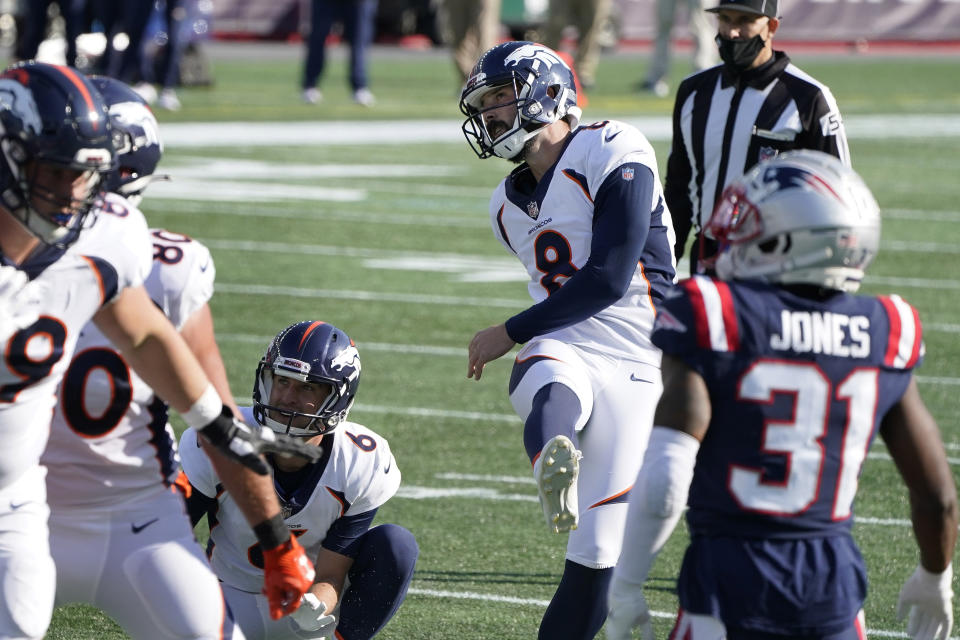 Denver Broncos place kicker Brandon McManus (8) follows through on one of his six field goals against the New England Patriots in the second half of an NFL football game, Sunday, Oct. 18, 2020, in Foxborough, Mass. (AP Photo/Steven Senne)