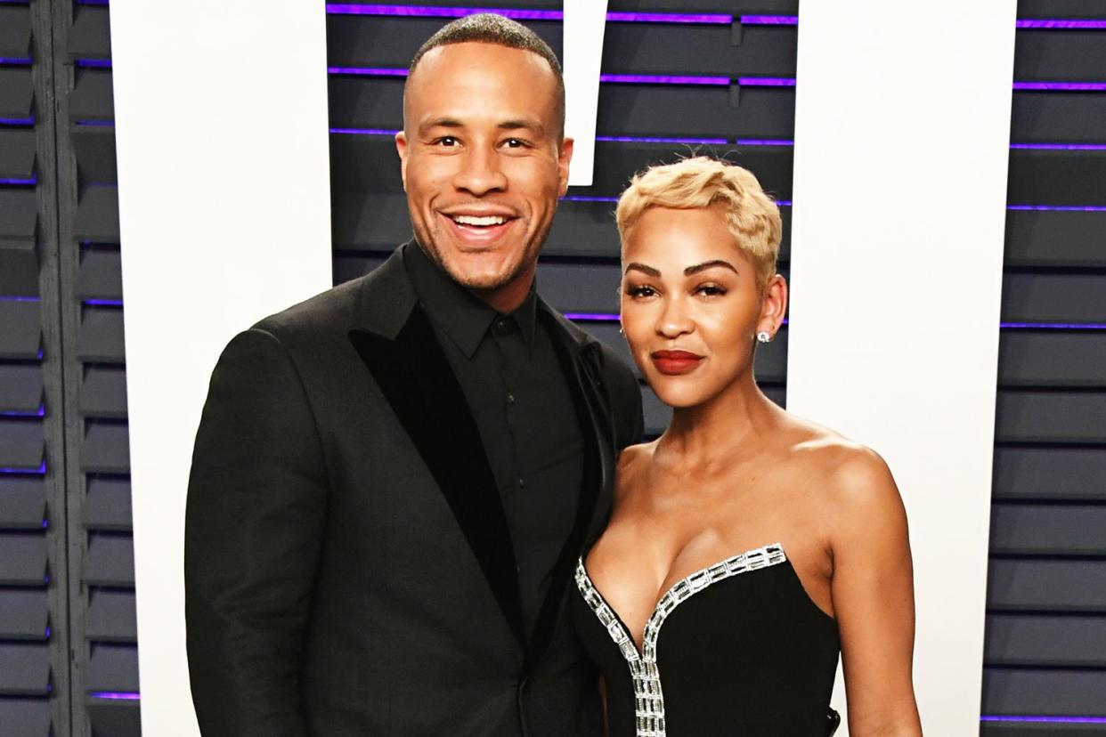 DeVon Franklin and Meagan Good attend the 2019 Vanity Fair Oscar Party hosted by Radhika Jones at Wallis Annenberg Center for the Performing Arts on February 24, 2019 in Beverly Hills, California.