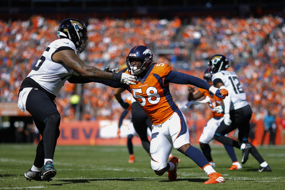 Von Miller got his first sack of the season, and also the first sack of the season for the Denver Broncos' defense. (Getty Images)