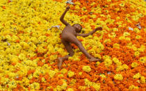 <p>An Indian toddler plays amid marigold flowers at a wasted flowers dumping site, besides a flower market in Mumbai, India, Sept. 28, 2016. Marigold flowers are used in many religious ceremonies in the temples in India. Strung together they make colorful garlands and are used as an offering in temples and to decorate them. (Photo: DIVYAKANT SOLANKI/EPA) </p>