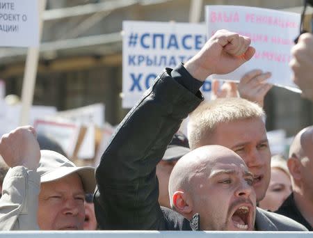 Residents attend a demonstration to protest against the decision by authorities to demolish soviet five-storey houses in Moscow, Russia, May 14, 2017. REUTERS/Sergei Karpukhin