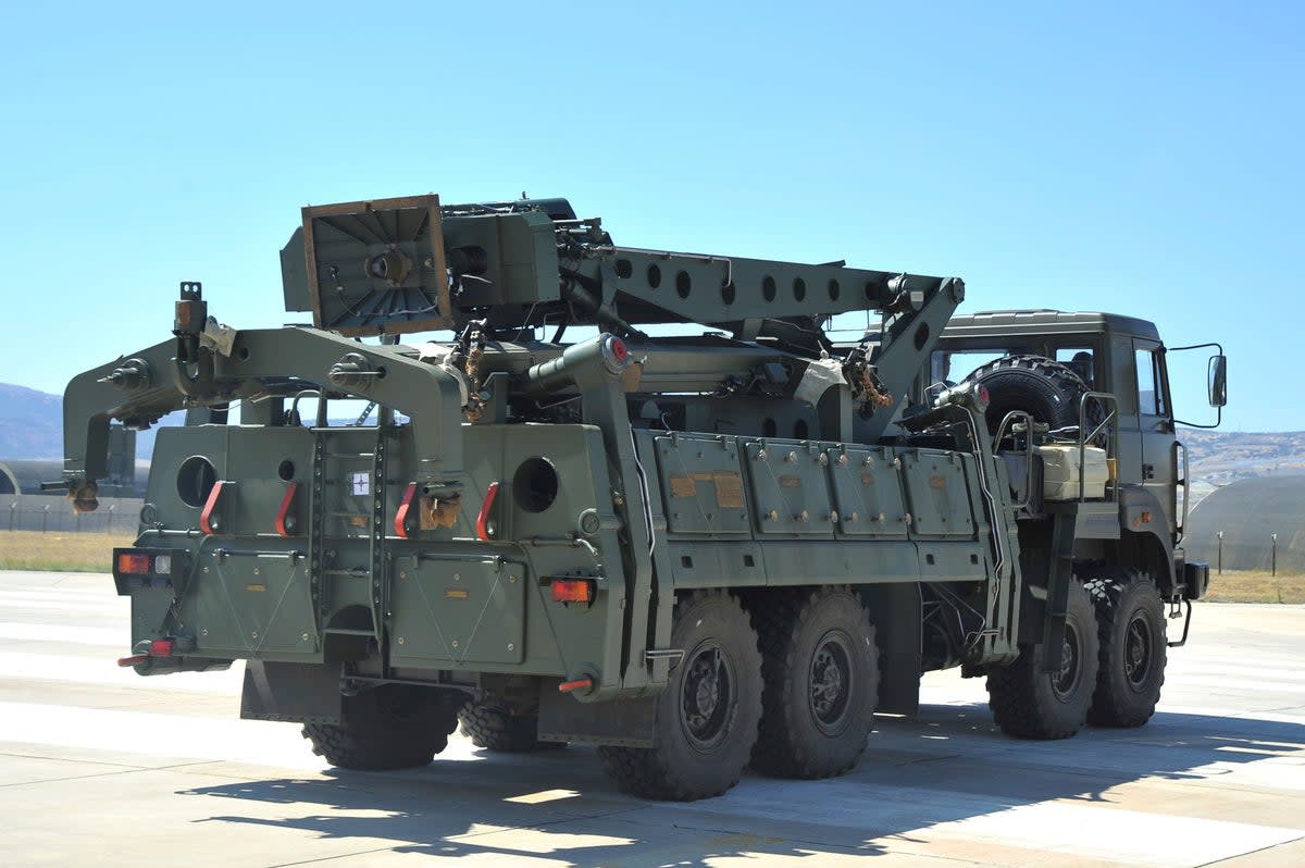 The S-400 air defence system being transported by truck at Murted military airport outside Ankara, Turkey (Turkish Defense Ministry/AP)