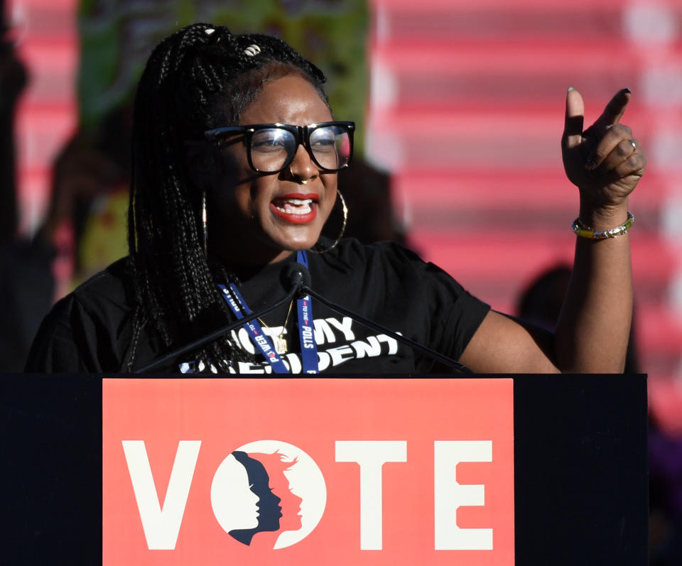 Black Lives Matter Co-Founder Alicia Garza speaks during the Women's March "Power to the Polls" voter registration tour launch at Sam Boyd Stadium on January 21, 2018 in Las Vegas, Nevada. (Photo: Ethan Miller/Getty Images)