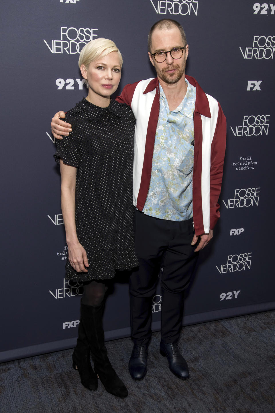 Michelle Williams and Sam Rockwell pose backstage before a screening of FX's "Fosse/Verdon" at the 92nd Street Y on Thursday, April 18, 2019, in New York. (Photo by Charles Sykes/Invision/AP)