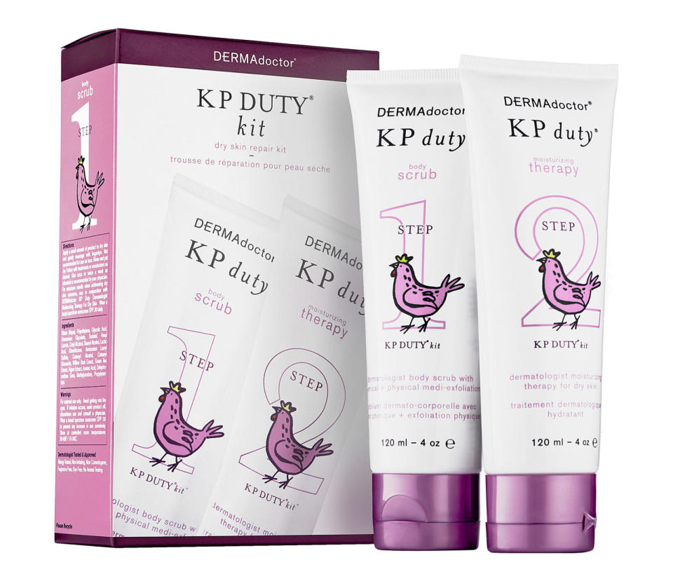 <p>KP Duty Kit by DERMAdoctor, $63, <a rel="nofollow noopener" href="http://www.sephora.com/kp-duty-kit-P388514?skuId=1056555&icid2=products%20grid:p388514" target="_blank" data-ylk="slk:sephora.com;elm:context_link;itc:0;sec:content-canvas" class="link "><u>sephora.com</u></a>.</p>