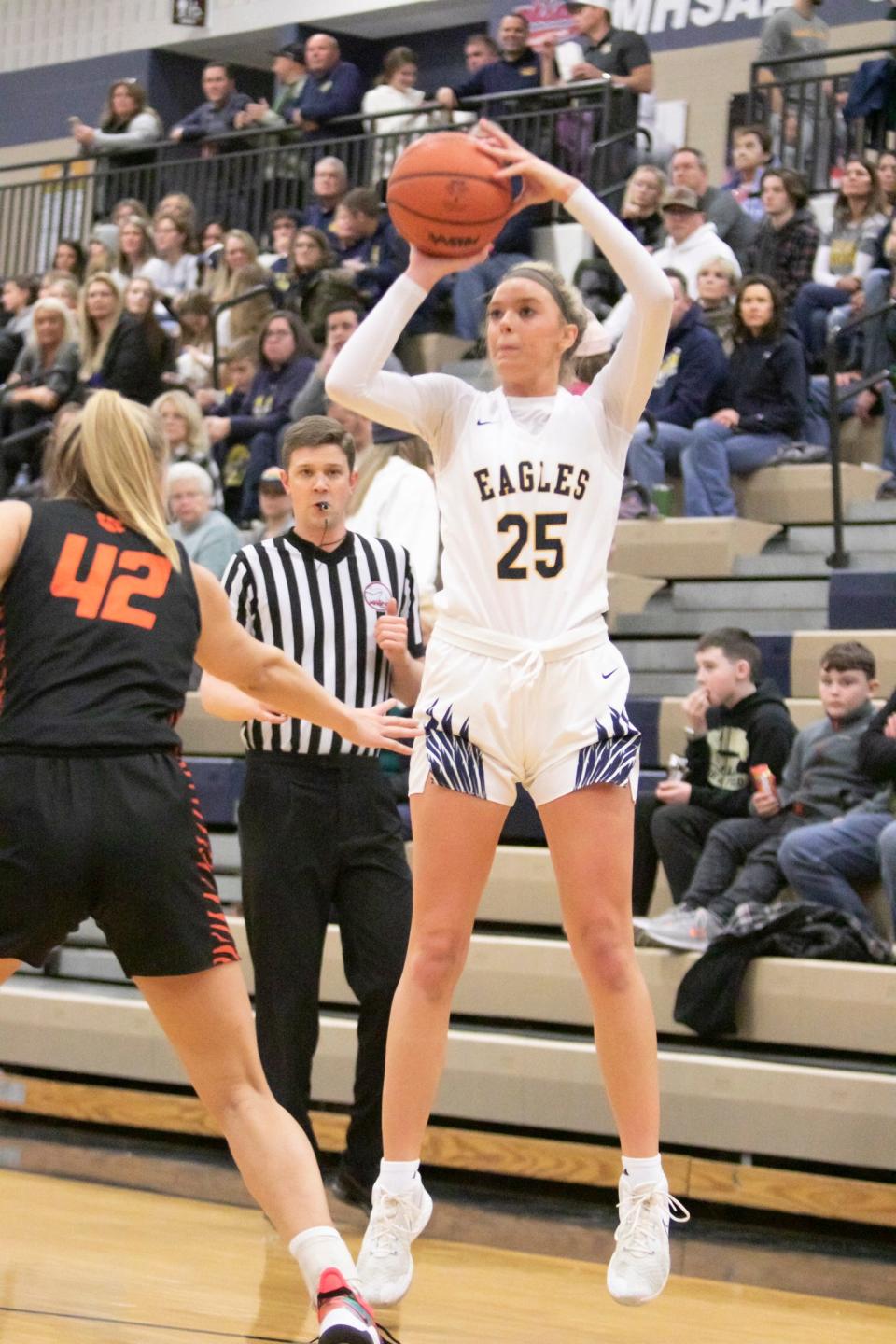 Hartland's Lauren Sollom scores three of her game-high 14 points in a 47-26 victory over Brighton on Friday, Jan 14, 2022.