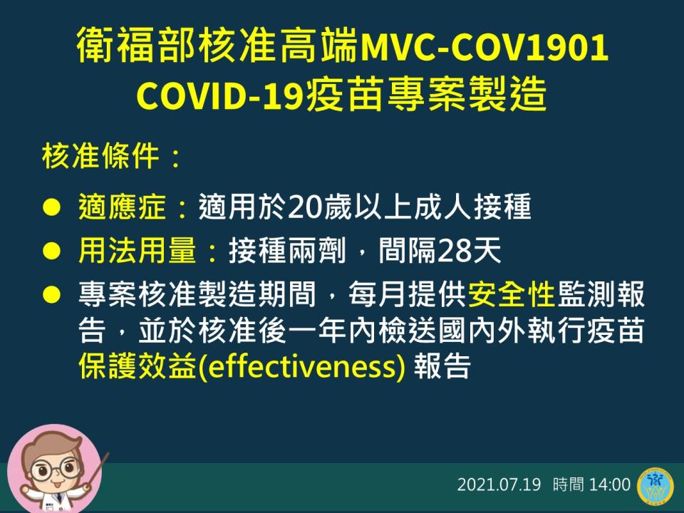 高端疫苗專案製造核准條件。   圖：指揮中心／提供