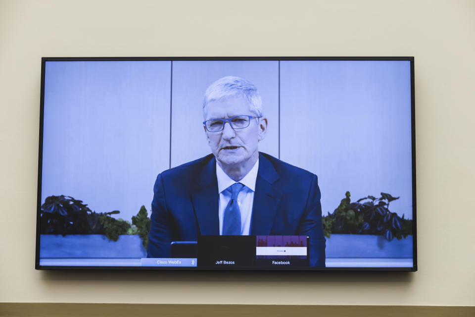 Apple CEO Tim Cook speaks via video conference during a House Judiciary subcommittee hearing on antitrust on Capitol Hill on Wednesday, July 29, 2020, in Washington. (Graeme Jennings/Pool via AP)