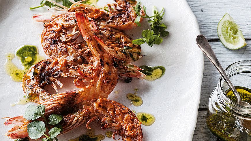 Grilled King Prawns with Bloody Mary Butter and Green Oil