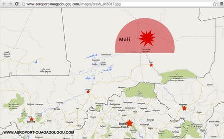 A screengrab of the homepage of the Ouagadougou airport's Internet site (http://www.aeroport-ouagadougou.com) shows a map displaying AH5017's last contact zone, July 24, 2014. REUTERS/Ouagadougou airport