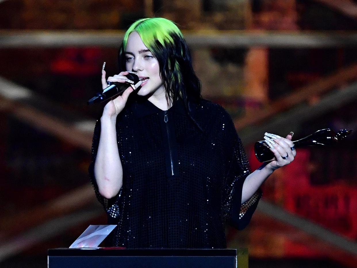 Billie Eilish accepting the International Female Solo Artist award during The BRIT Awards 2020 (Gareth Cattermole/Getty Images)