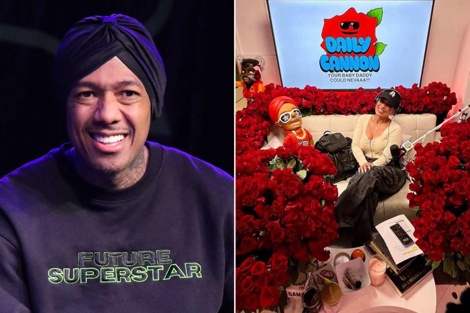 <p>Jeremychanphotography/Getty Images; The Daily Cannon Instagram</p> Nick Cannon and his "Daily Cannon" co-host and mother of three of his children, Abby De La Rosa, whom he surprised in their studio with 3,000 red roses.