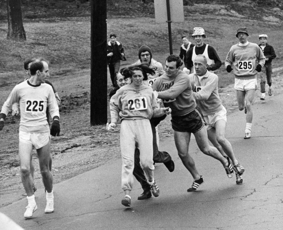 <p>In 1967, Switzer was the first women to run in the Boston Marathon. During the competition, race official Jock Semple attempted to rip her bib off, but she persevered and kept running. In 1972, women were officially allowed to compete in the marathon.</p>