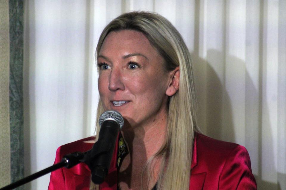 USL Super League president Amanda Vandervort speaks during a news conference announcing that Jacksonville's JAXUSL group is receiving a franchise in the United Soccer League Championship on August 30, 2022.