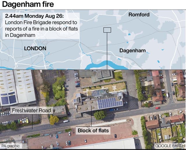 Graphic locates fire at a block of flats in Dagenham