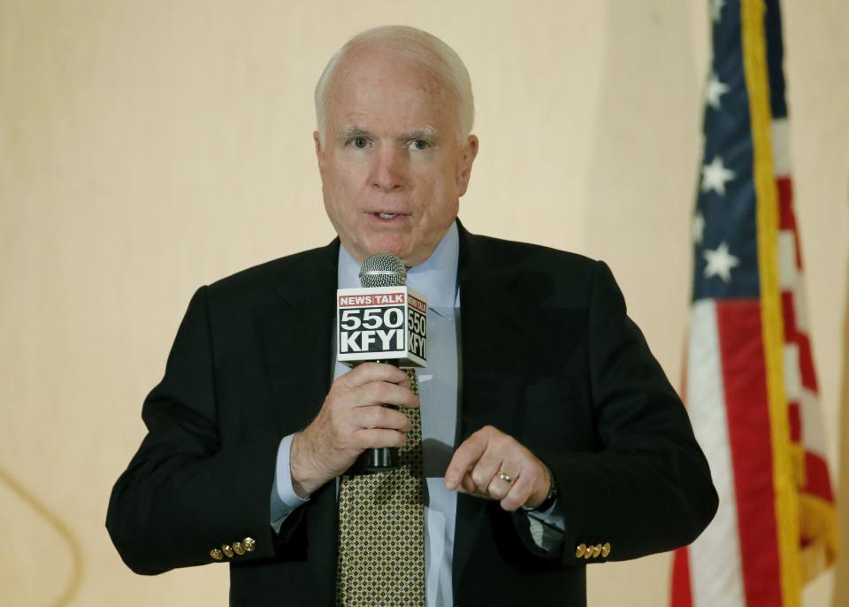 Sen. John McCain speaks during a forum with veterans on Friday, May 9, 2014, in Phoenix. McCain was discussing lapses in care at the Phoenix Veterans Affairs hospital that prompted a national review of operations around the country. (AP Photo/Matt York)
