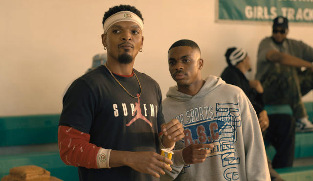 This image released by 20th Century Studios shows Myles Bullock, left, and Vince Staples in a scene from "White Men Can't Jump." (20th Century Studios via AP)