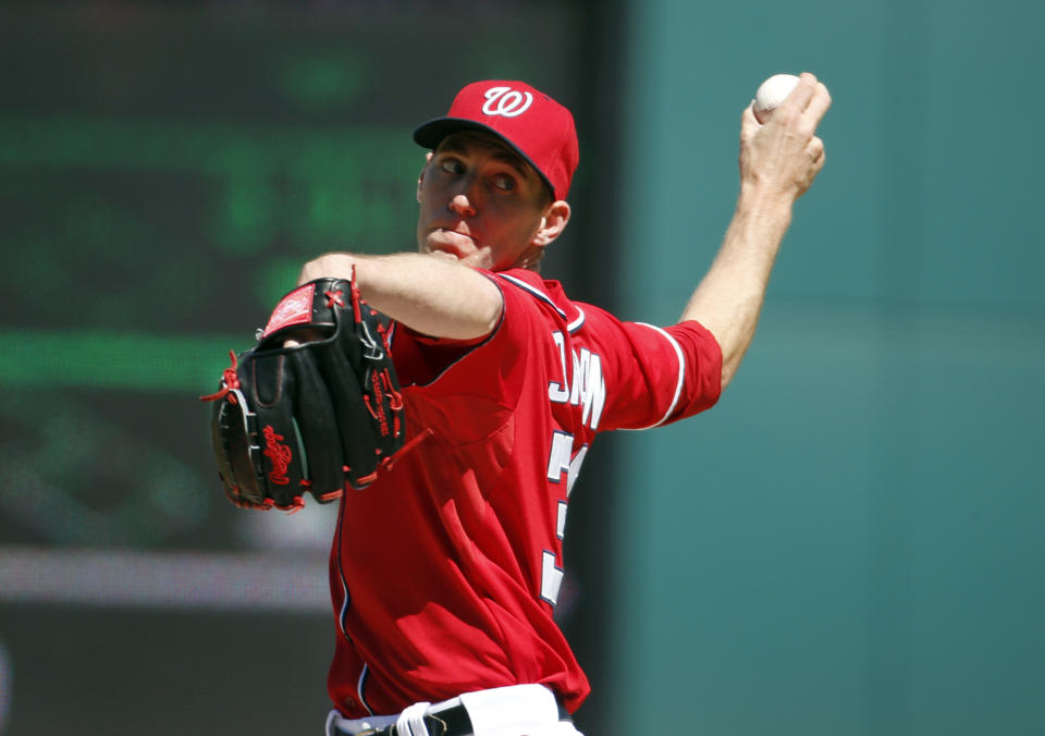 Washington Nationals starting pitcher Taylor Jordan throws during the third inning of a baseball game against the Atlanta Braves at Nationals Park, Sunday, April 6, 2014, in Washington. (AP Photo/Alex Brandon)