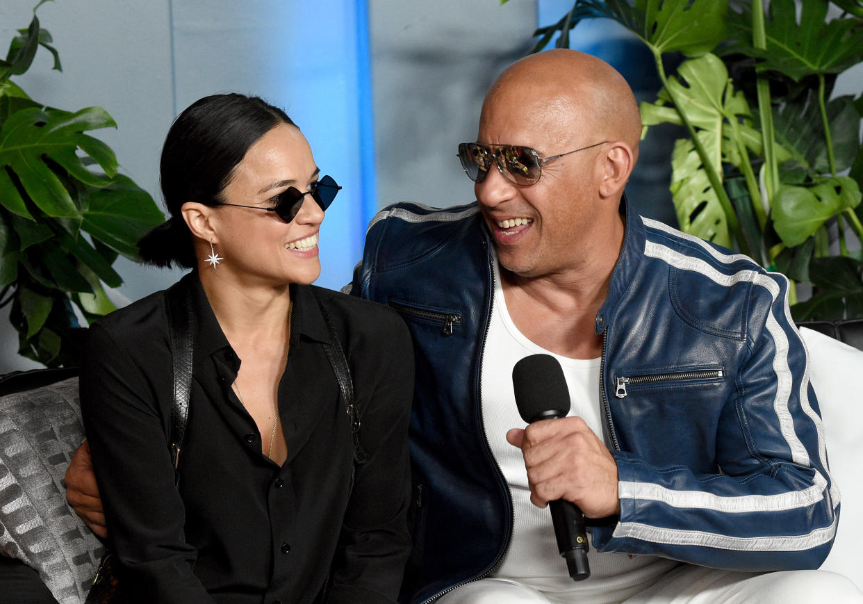 MIAMI, FLORIDA - JANUARY 31: Michelle Rodriguez and Vin Diesel speak during Universal Pictures Presents The Road To F9 Concert and Trailer Drop on January 31, 2020 in Miami, Florida. (Photo by Kevin Mazur/Getty Images for Universal Pictures)