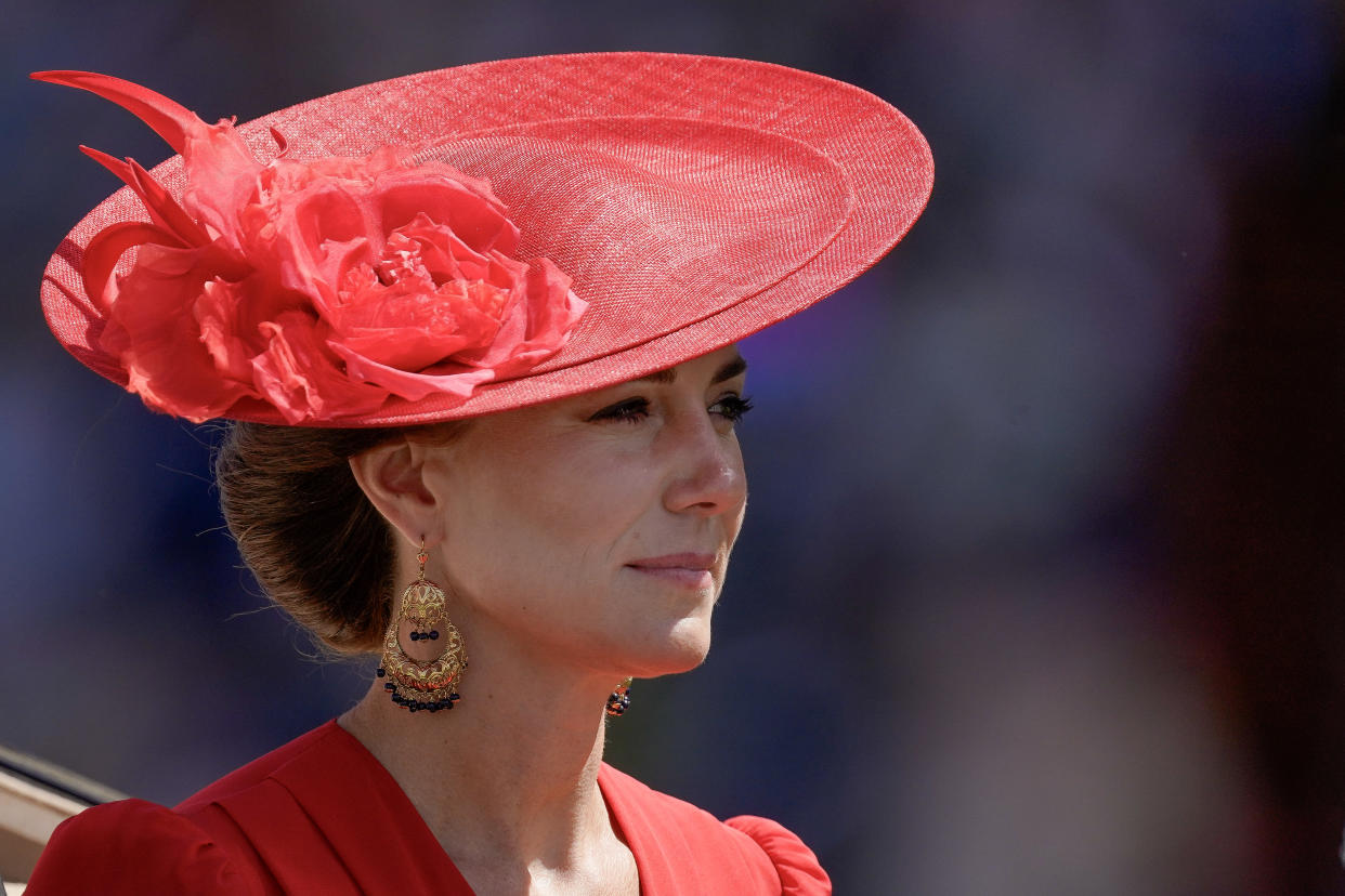 ASCOT, ENGLAND - JUNE 23: Catherine, Princess of Wales during the royal procession on day four during Royal Ascot 2023 at Ascot Racecourse on June 23, 2023 in Ascot, England. (Photo by Alan Crowhurst/Getty Images for Ascot Racecourse)