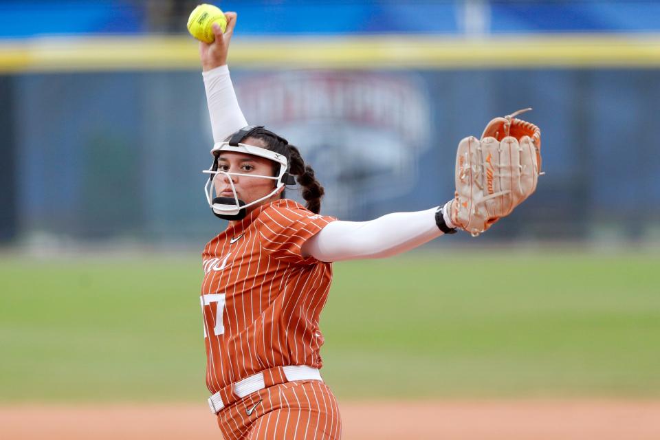 Texas' Citlaly Gutierrez pitches during the Big 12 softball tournament championship game against Oklahoma at Devon Park in Oklahoma City on Saturday. Gutierrez had 10 strikeouts in a complete-game effort but the Sooners claimed the tournament title with a 5-1 win.
