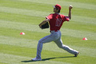 Los Angeles Angels designated hitter Shohei Ohtani (17) pitches during a baseball practice at Angels Stadium on Friday, July 3, 2020, in Anaheim, Calif. (AP Photo/Ashley Landis)