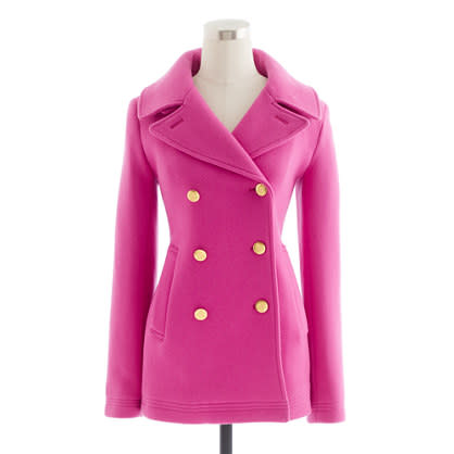 <div class="caption-credit"> Photo by: J.Crew</div><div class="caption-title">J.Crew Majesty Peacoat</div>Most of the coats Jess wears in New Girl are by Kate Spade, but she's been seen in this Majesty coat as well. Good news! It's now on sale! (She actually wore this coat in navy and green, but don't you think the pink is so Jess?) <br> <a href="http://www.jcrew.com/womens_category/outerwear/wool/PRDOVR~49360/49360.jsp" rel="nofollow noopener" target="_blank" data-ylk="slk:Buy from J.Crew, $189.99;elm:context_link;itc:0;sec:content-canvas" class="link "><i>Buy from J.Crew, $189.99</i></a>