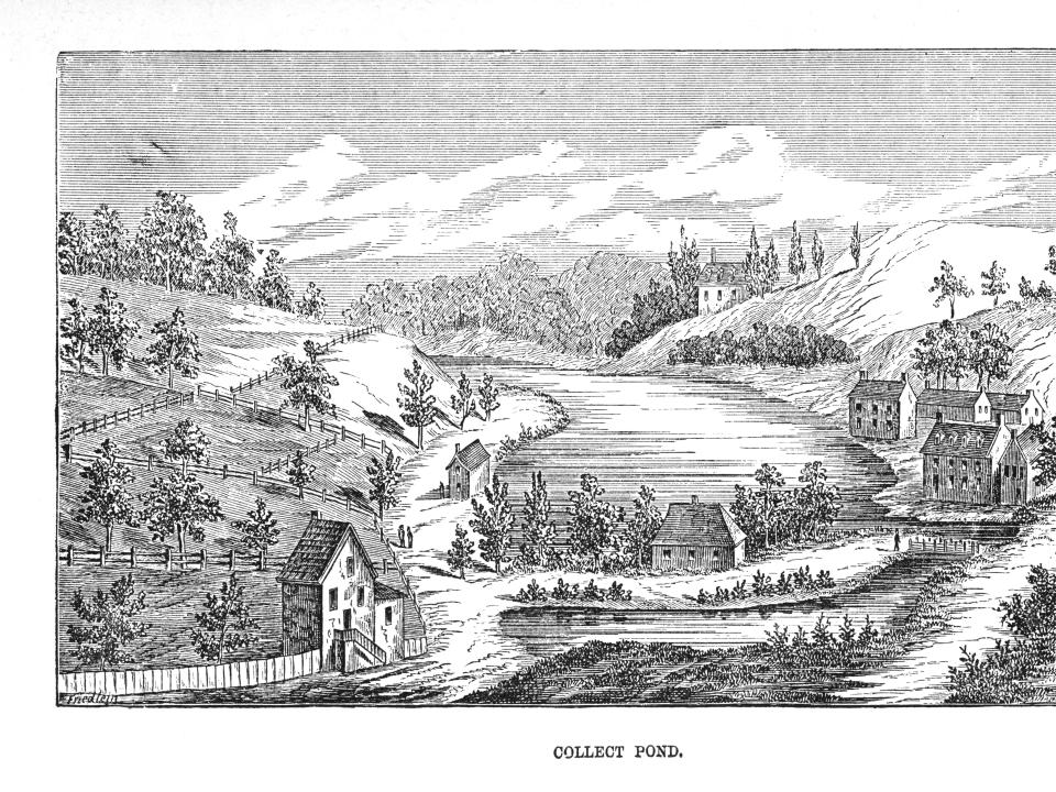 Engraved illustration shows the 'Collect Pond,' also known as the Kolch or Kalch-Hook Pond, New York, New York, 1700s. The spring-fed pond was one of the city's primary drinking water sources. It later became the site of the Five Points neighborhood.