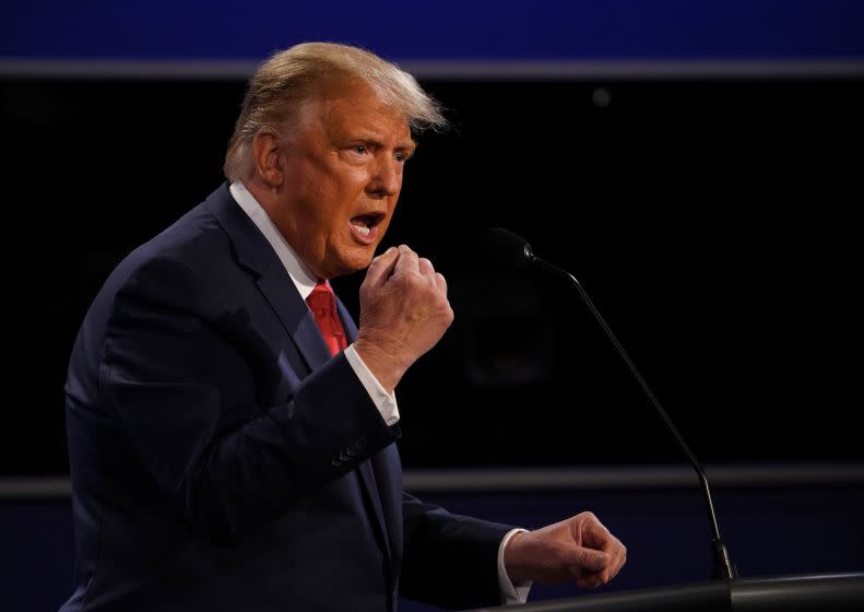 US President Donald Trump speaks during the final presidential debate at Belmont University in Nashville, Tennessee, on October 22, 2020. (Photo by Brendan Smialowski / AFP) (Photo by BRENDAN SMIALOWSKI/AFP via Getty Images)