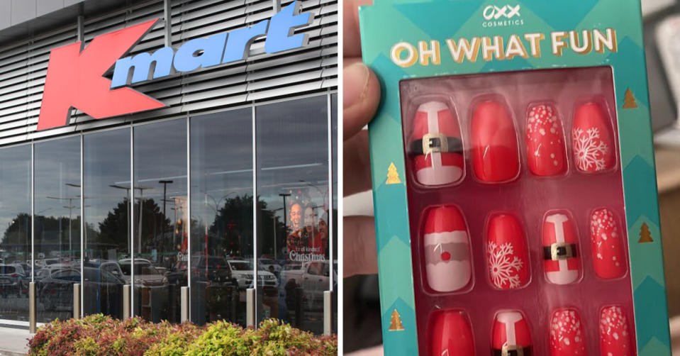 L: Kmart store exterior. R: OXX Santa fake nail kit