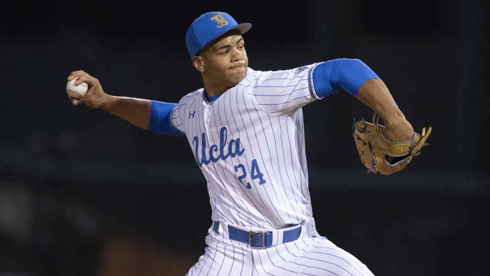 FILE - UCLA pitcher Zach Pettway throws against St. Mary's during an NCAA baseball game in Los Angeles, in this Friday, Feb. 21, 2020, file photo. Pettway had 29 strikeouts against one walk and returns as the Friday night starter. (AP Photo/Kyusung Gong, File)