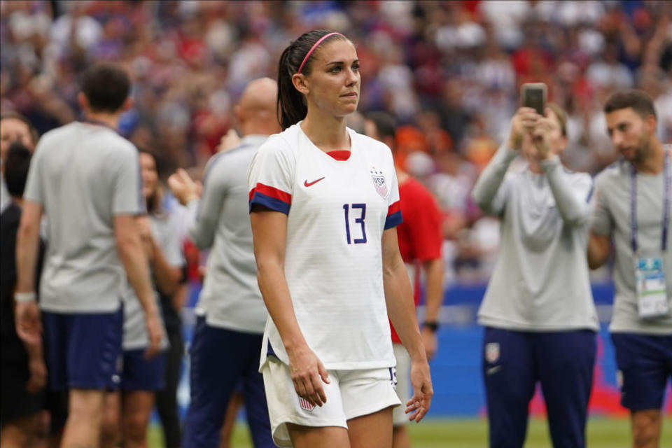 Alex Morgan of the U.S. team going up the ceremony platform during the 2019 FIFA Women's World Cup France Final match between The United States of America and The Netherlands at Stade de Lyon on July 7, 2019 in Lyon, France. | Daniela Porcelli—Getty Images
