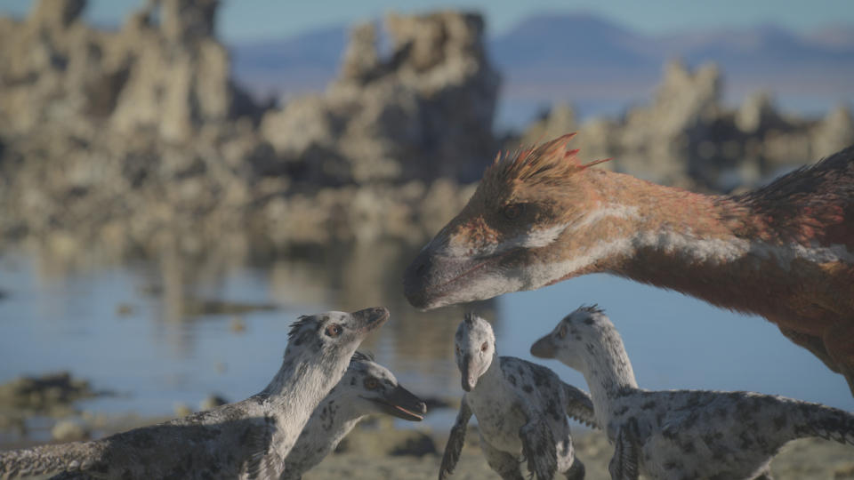 Pectinodon feeding its young on Prehistoric Planet Season 2